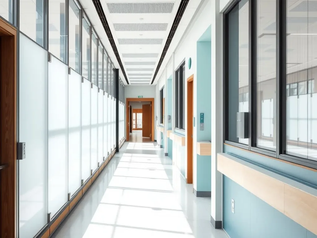 Pasillo luminoso de un espacio de trabajo del sector salud, sin personas