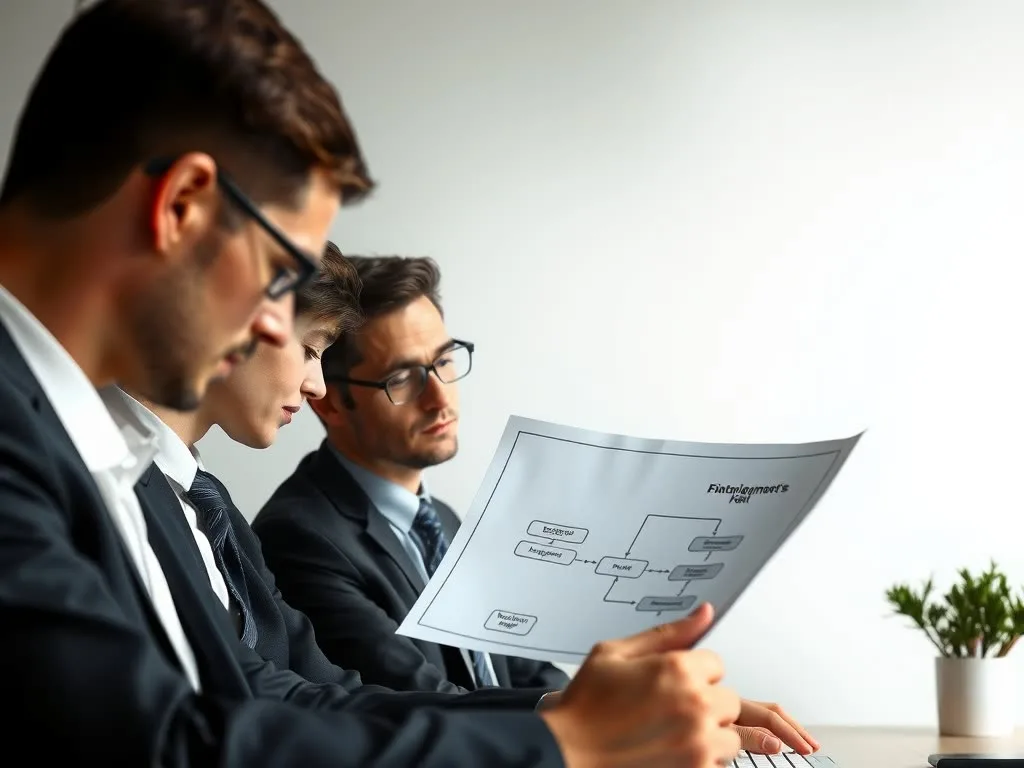 Equipo revisando un flujo de trabajo impreso