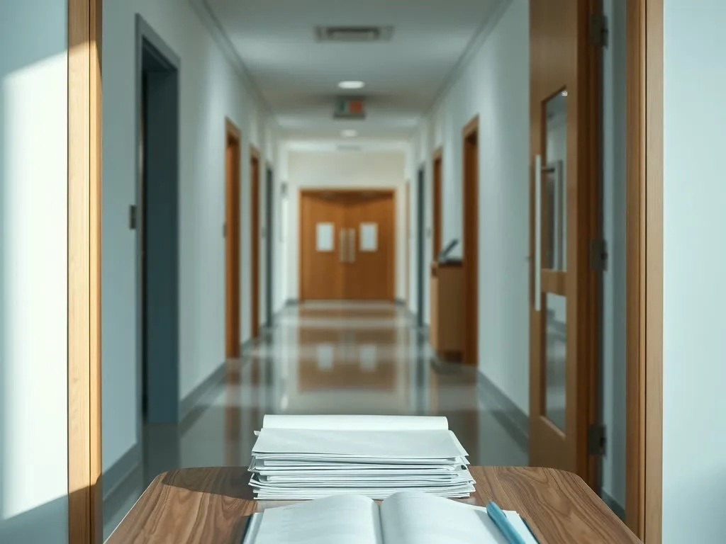 Oficina administrativa de una organización de salud vista desde la puerta, sin personas